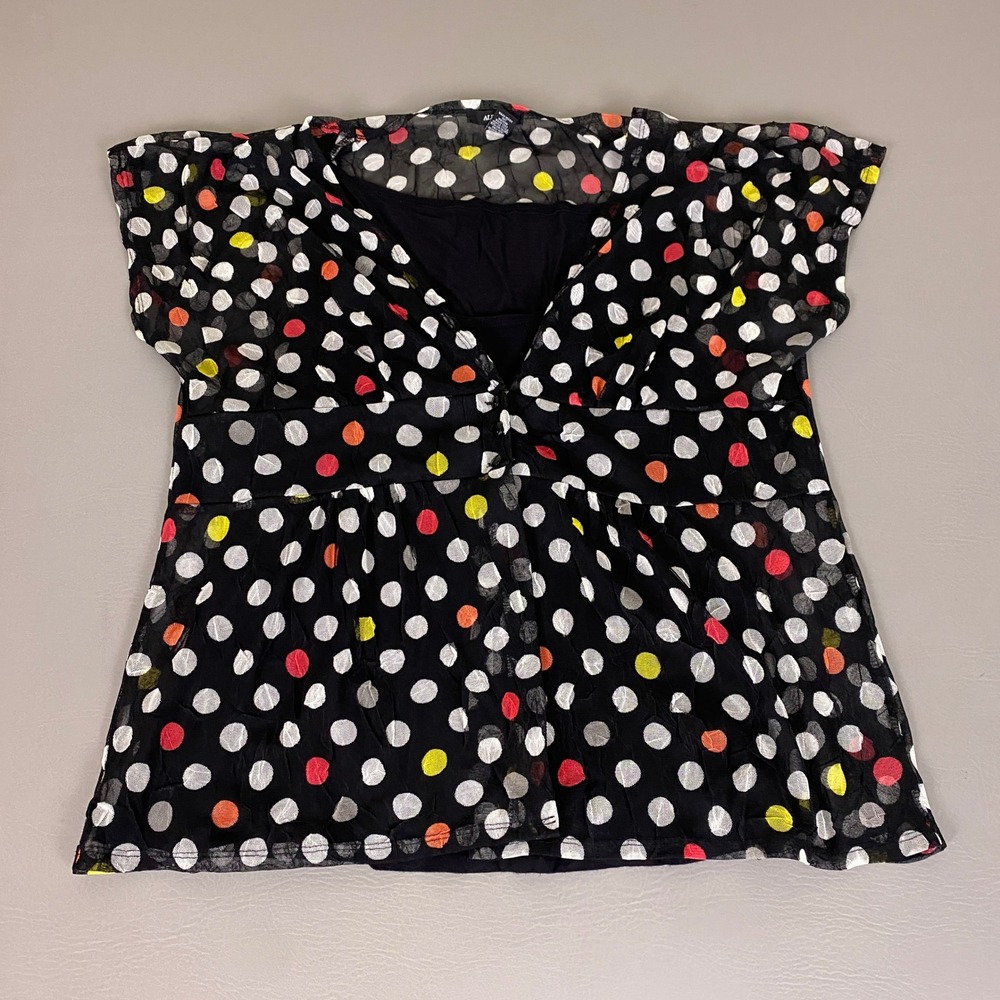 Alfani Blouse Womens XL Polka Dot Mesh V-Neck Black Red Yellow Cap Sleeve Peplum